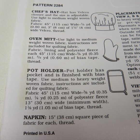Kwik Sew 2284 Clothing Sewing Pattern NEW UNOPENED Chef Hat, Oven Mitt, etc. - Picture 4 of 6